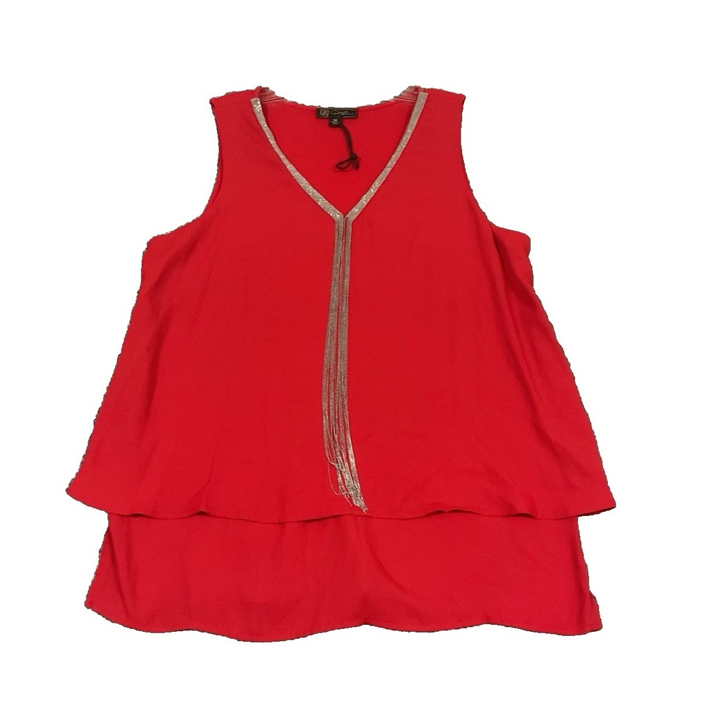 DG2 Relaxed‎ Red Rhinestone Blouse Sz M Lightweight Dressy Career Hi Lo Tank
